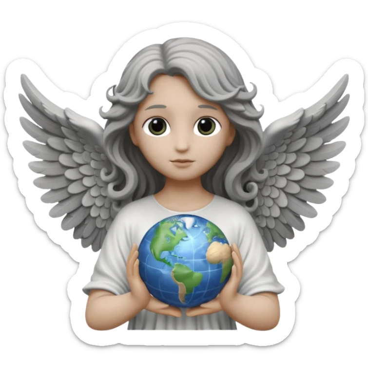 Angel statue (All gray/Rock) long wavy hair hollow eyes feathered wings holding the world (White and Black)  sticker