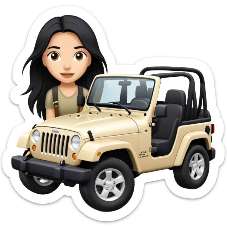 A girl with long black hair driving a white Jeep Wrangler Wrangler sticker