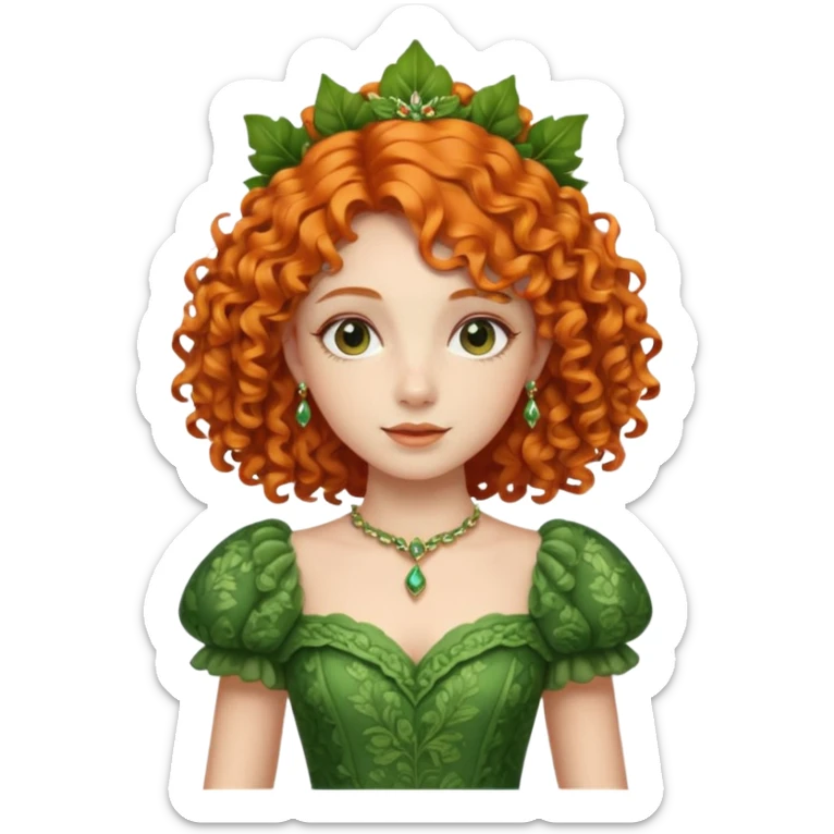 orange curly hair beautiful princess full body in leafy green dress elegant sticker