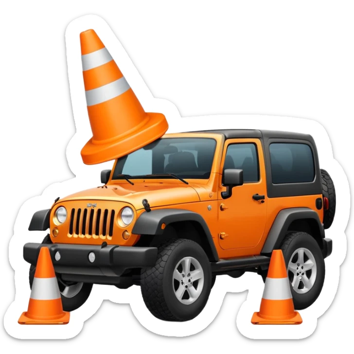 Jeep Wrangler driving over a white traffic cone, emoji style, tire contact visible sticker