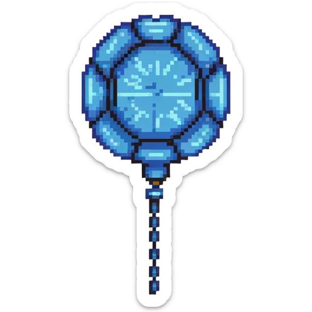 Blue digital bomb with blue antenna-like fuse at the top, round black bomb body with blue accents, pixel art style sticker