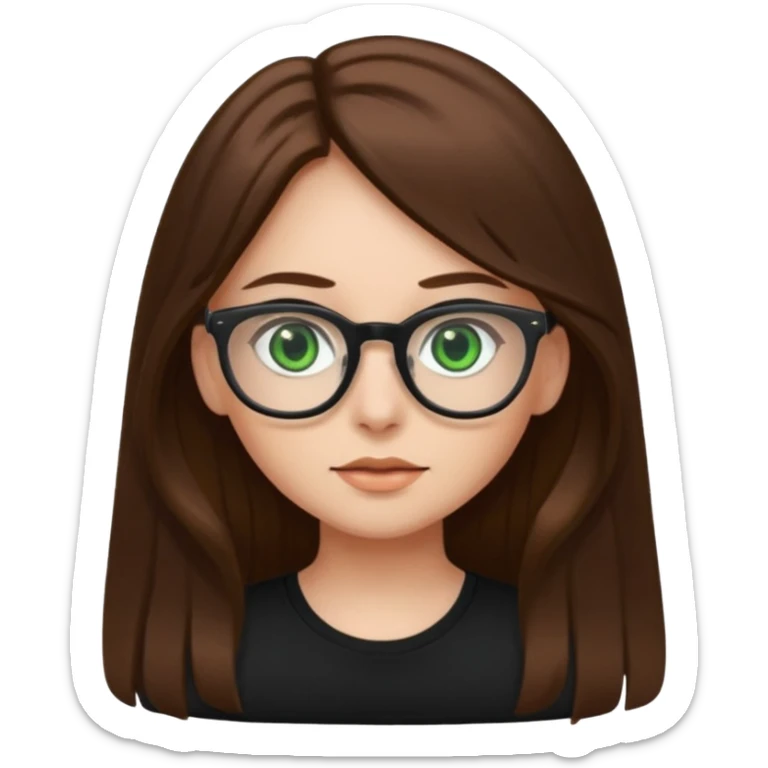 Girl with long brown hair, green eyes, glasses and a black top on sticker