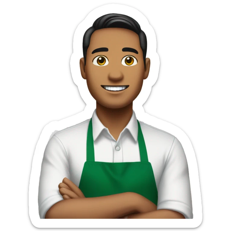 malay male starbucks barista with white t shirt and green apron, and starbucks logo in the middle of apron sticker