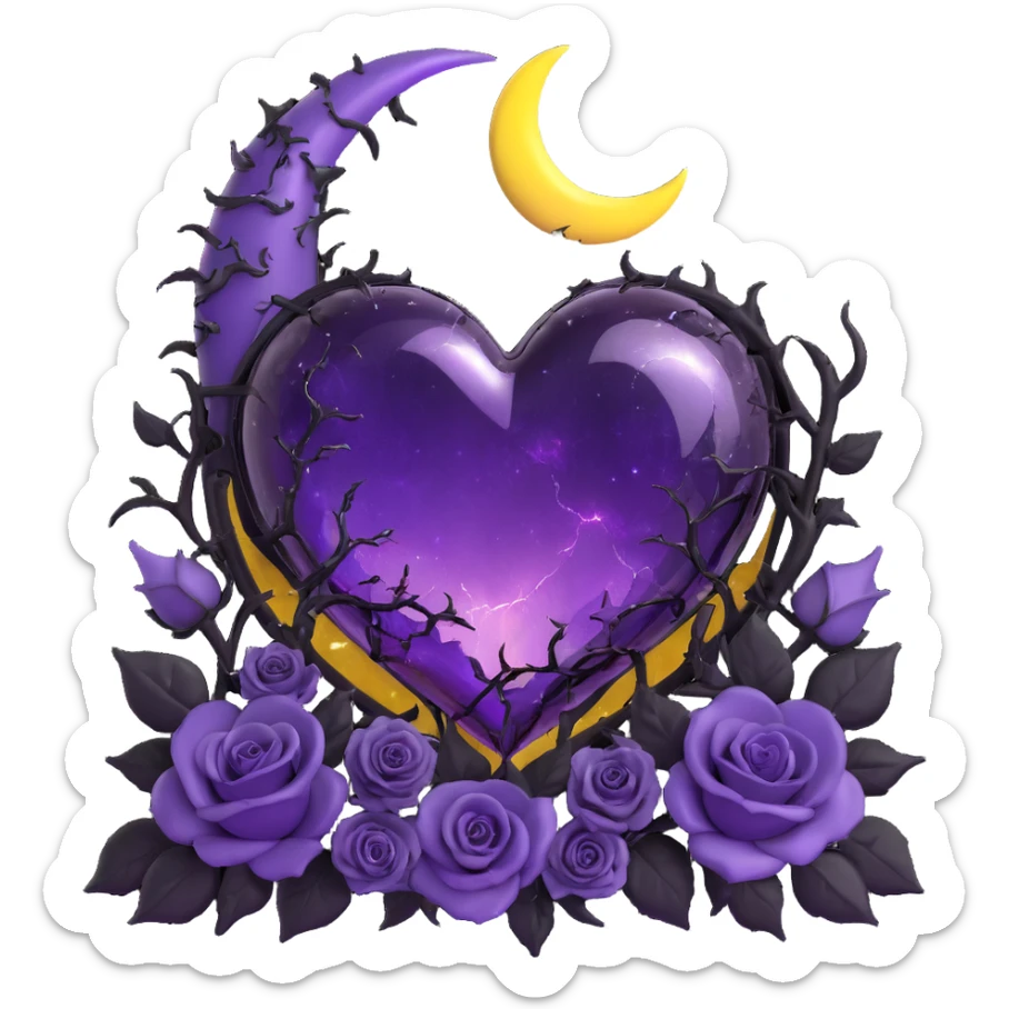 gothic heart made of purple glass with a crescent moon above the heart, black roses on each side, shimmering stardust, arcing lightning, pouring rain, jagged cracked glass texture sticker