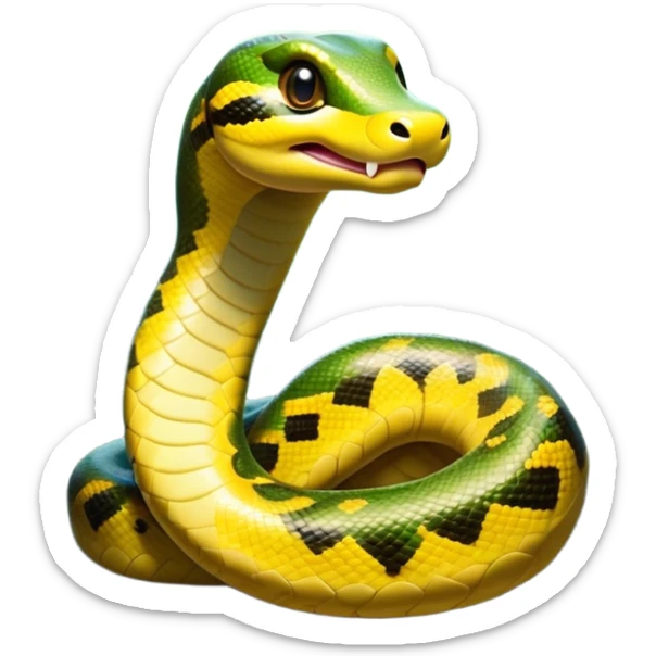 Cinematic Cute Anaconda Portrait Emoji, Head tilted playfully and inquisitively, with a sleek, shimmering body adorned with detailed scale patterns and round, sparkling eyes full of wonder, Simplified yet irresistibly adorable features, highly detailed, glowing with a warm, friendly jungle glow, high shine, affectionate and lively, stylized with a touch of whimsical reptilian charm, soft glowing outline, capturing the essence of a mischievous serpent that feels like it could slither out of the screen into your arms! sticker