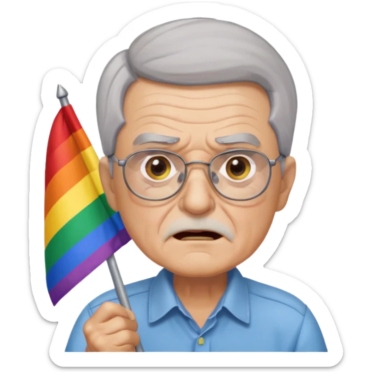 make old old man like 80 with gray hair and fur has HUGE EYE brows and glasses and is always mad and gay holding the rainbow flag sticker