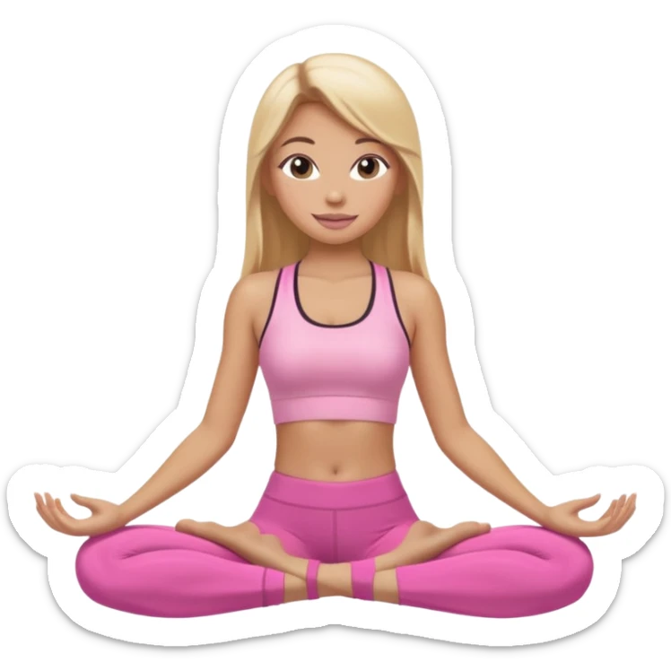 Mujer color de piel moreno claro con cabello rubio suelto y lacio y largo, que tenga gloss en los labios y se vea usando Blush rosita, usando un top rosa deportivo y leggins deportivo rosa en una pose de yoga sentada, viendo hacia enfrente con ojos negros y sonriendo sin mostrar los dientes sticker