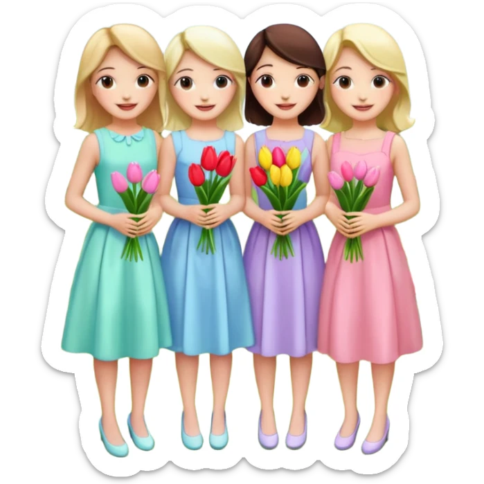 5 girls at a garden party wearing pastel dresses and holding tulips sticker