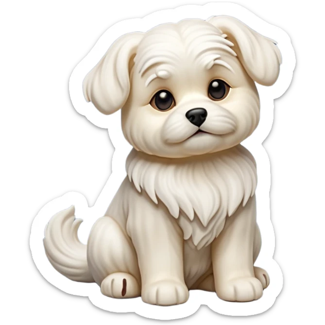 detailed-[Maltese dog]-realistic-full-body-sitting-emoji,-tail-resting-loosely-beside-its-paws,-head-tilted-dramatically, -wavy-[cream white]-fur,-simplified-yet-realistic-focused-features,-highly-detailed,-glowing-with-an-almost-sarcastic-glow sticker