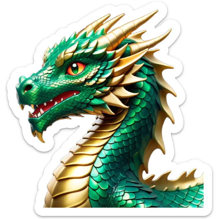 Cinematic Noble Dragon Portrait Emoji, Poised and majestic, with a sinuous, elongated body covered in intricately detailed, shimmering scales in hues of emerald and gold, and piercing, fiery eyes that reflect ancient wisdom; rendered with lifelike texture and natural highlights, high shine, intelligent and formidable, styled with an aura of mythic power, focused and attentive, soft glowing outline, capturing the essence of a legendary dragon that appears ready to soar out of the screen with timeless authority! sticker