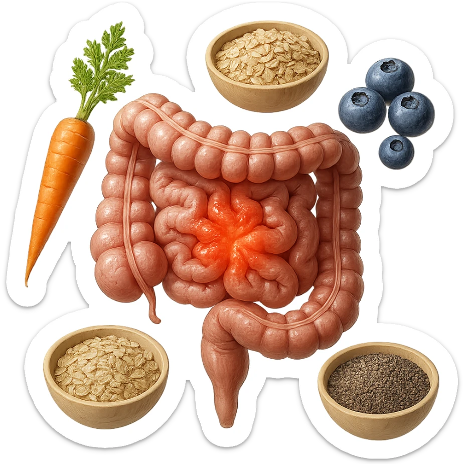 intestino umano anatomico infiammato al centro con carota, bowl di avena, mirtilli, bowl di semi di chia che gli fluttuano intorno , iperrealistico 4k sticker