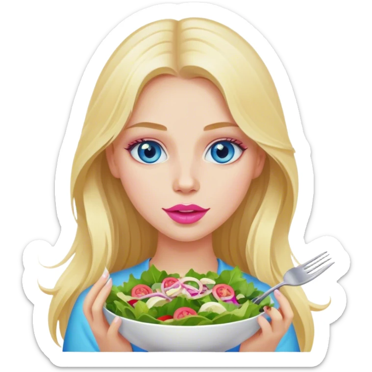 Cinematic realistic blonde with long hair, blue eyes and pink lips eats salad sticker