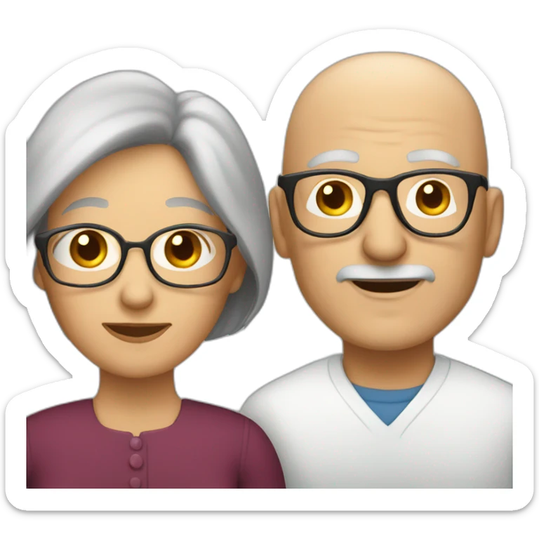 old couple woman with long brown hair and bald man with glasses sticker