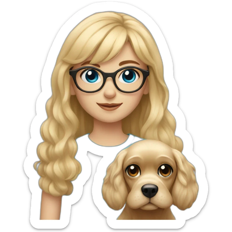 young blonde girl with blue eyes with bangs and glasses with her beige cocker spaniel sticker