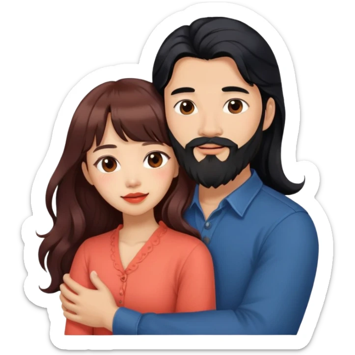 handsome asian man with long black hair and beard, hugging cute tan skin woman with long wavy reddish brown hair with bangs and coral lipstick sticker