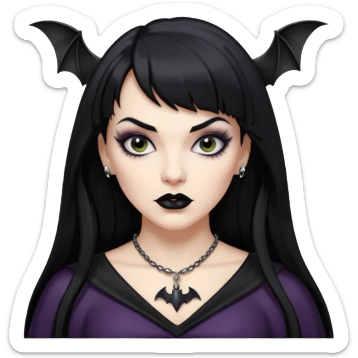 vampira mulher branca com cabelo preto longo com franja quadrada, sobrancelha grossa e lábios com batom preto com colar preto e pingente de morcego preto sticker