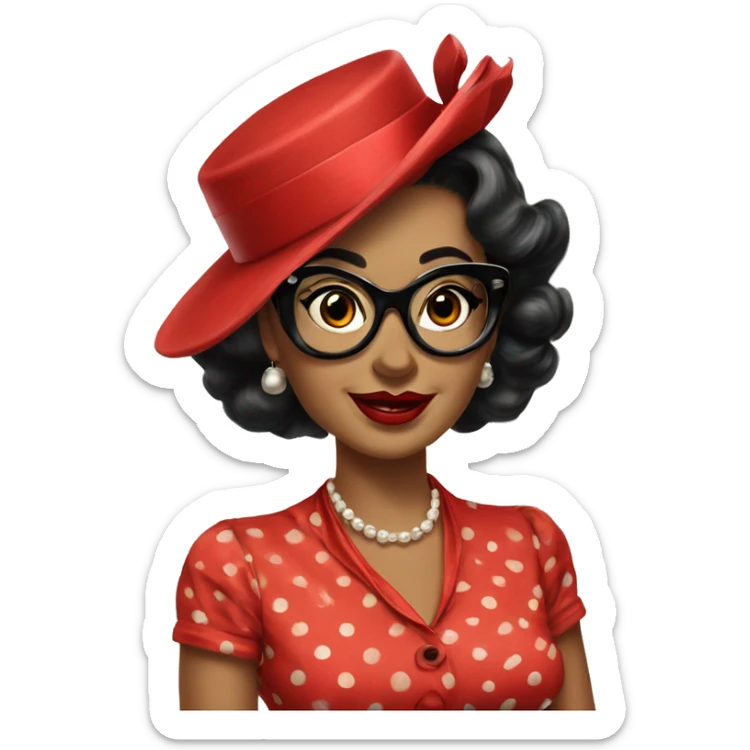 Vintage woman who wears classic pinup red dresses  with black polka dots and big cat eye glasses  sticker
