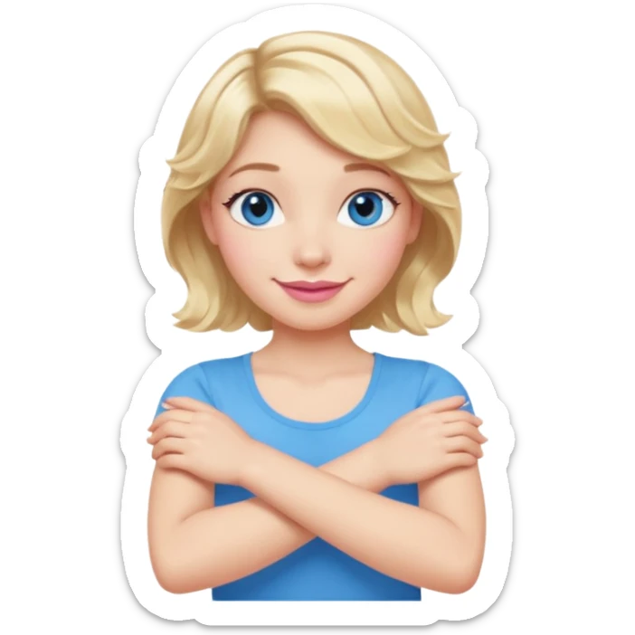 Girl Blonde short wavy hair,  blue eyes, cute blue top, long lashes, pink lips, smiling, making cross arms with arms  sticker
