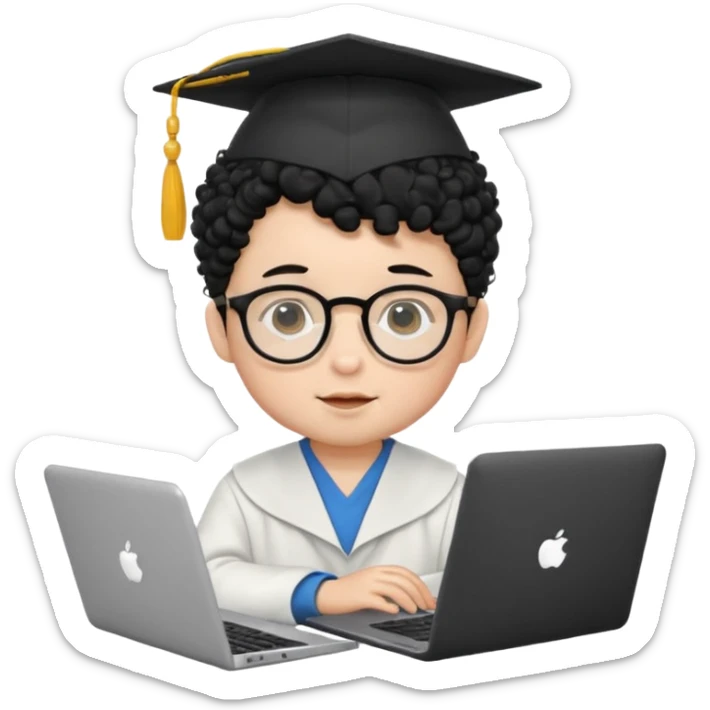 A baby boy DEVELOPER WITH A laptop, black curly hair and topknot, wearing glasses and a mortarboard sticker
