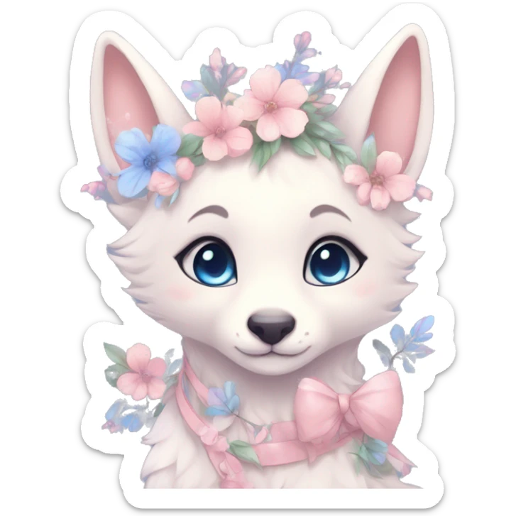 Anthro Cute Cool Blushing Pastel Innocent Shy Kawaii gorgeous sparkly ethereal fantasy animal creature with blue eyes furry sona with flowers and ribbons beautiful aesthetic sticker