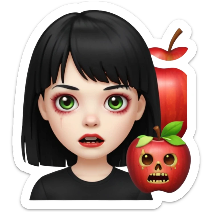 uma garota zumbi no formato Memoji da apple com o cabelo cumprido, preto liso e com franja, blusa preta sticker