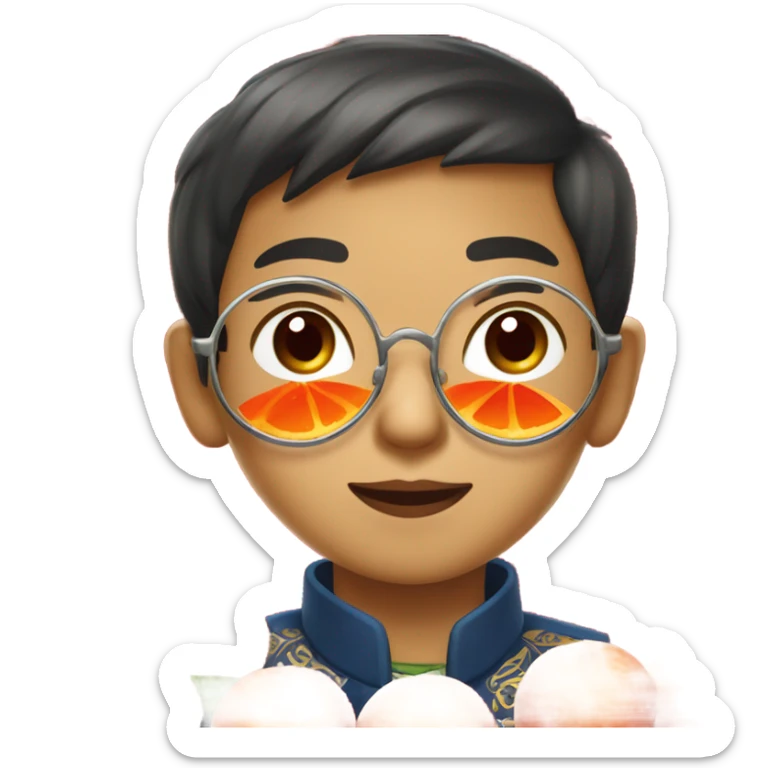 portrait of a cute Filipino boy with mandarin oranges for chinese new year plus round metal frame specs and red chinese ampao sticker