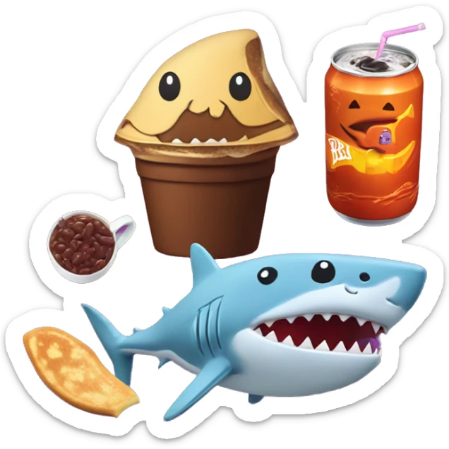 Jumbo scary pancake hallowen dark red bean with happy smile and shark with he baby and drink fanta in cup and mentos sticker