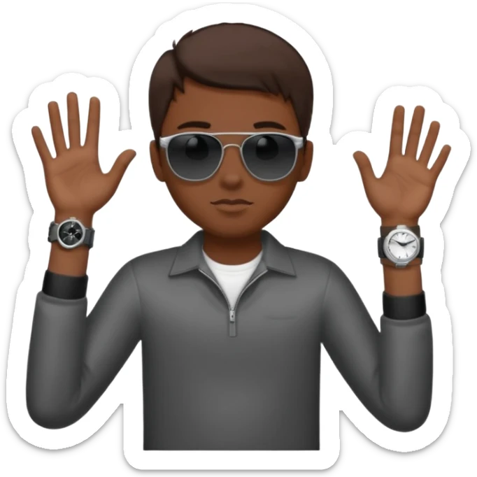 Un niño con pelo lacio color castaño,con lentes de sol negros y un reloj en la muñeca sticker