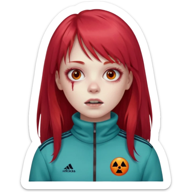 Crie um emoji de uma menina com bochecha gordinha com o cabelo vermelho longo com uma franja reta zumbi casaco de gola alta da adidas sticker
