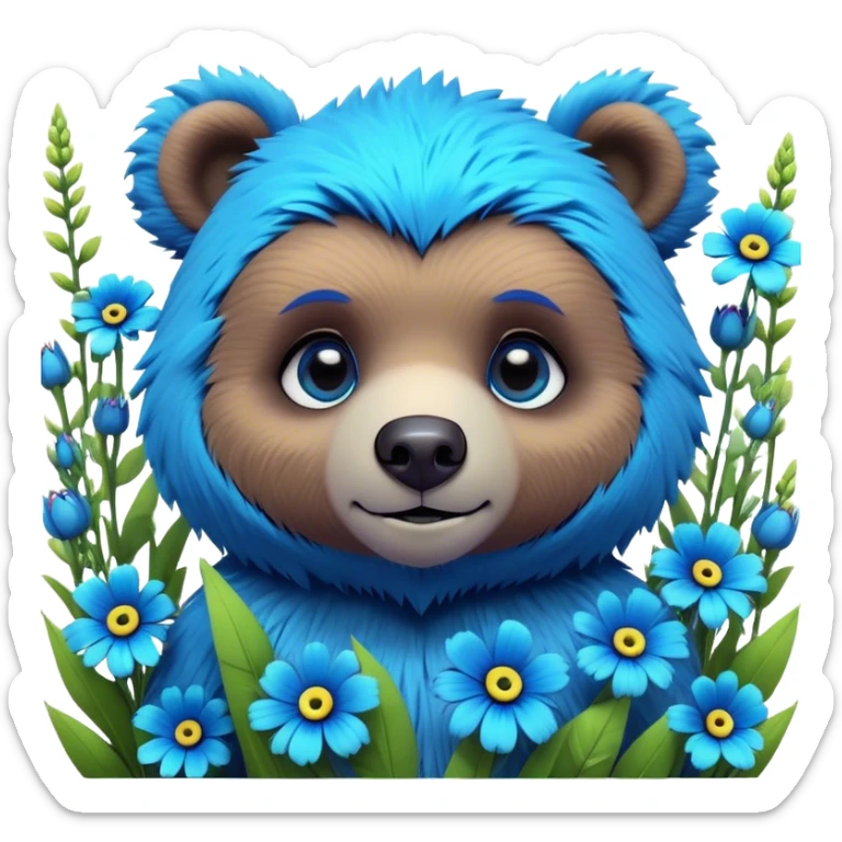 3D, adorable little Pixar style blue neon punk bear in a field of flowers, ultra detailed, each lash, eye, and strand of fur is shown in stunning detail as though captured in a timeless photograph, rich textures, visually rich, so lifelike it feels like it could leap off the page at any moment sticker