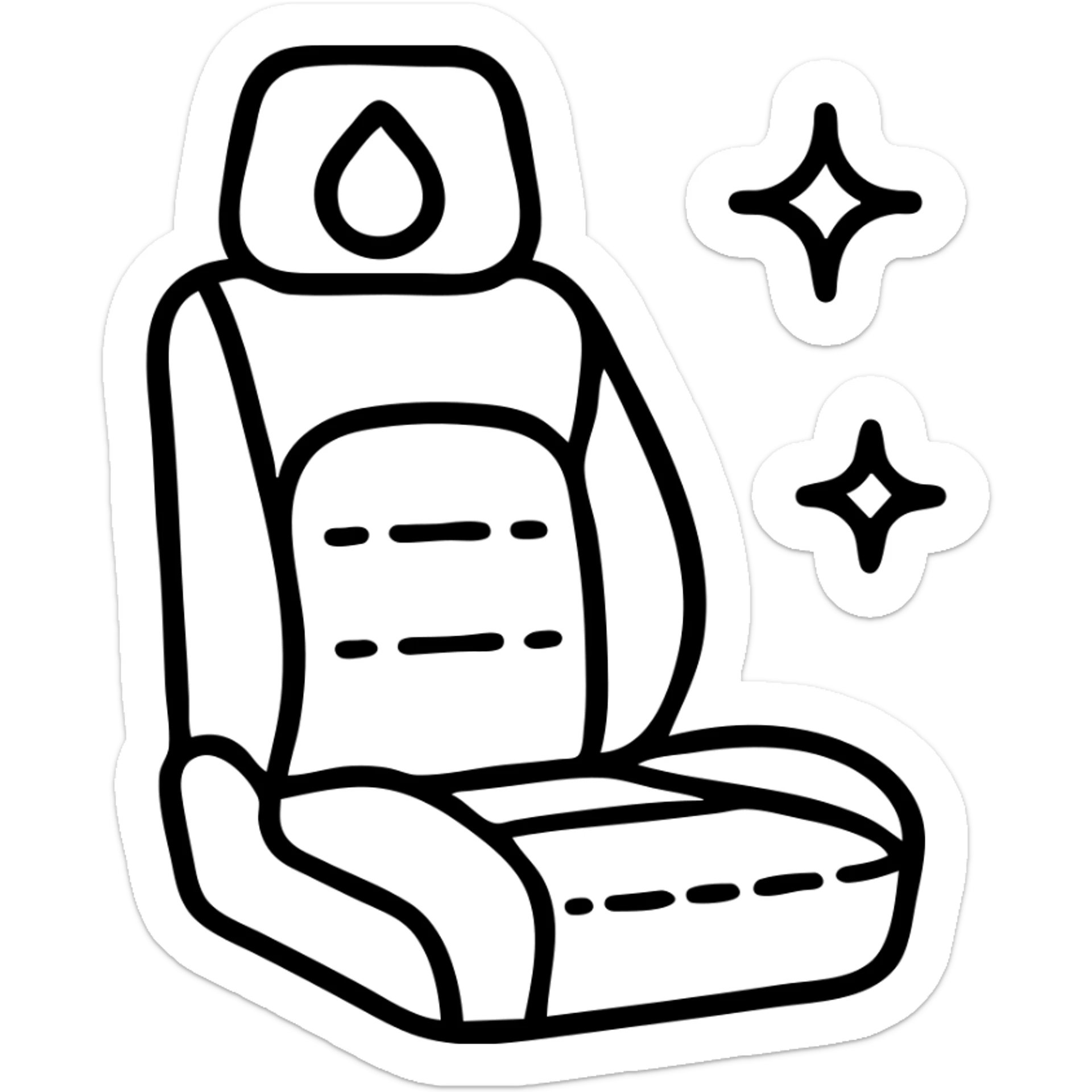 outlined icon of a luxury matte black car seat with a droplet or shield on the headrest, clean lines, elegant stitching, extra shine and sparkling effects, modern and simple sticker