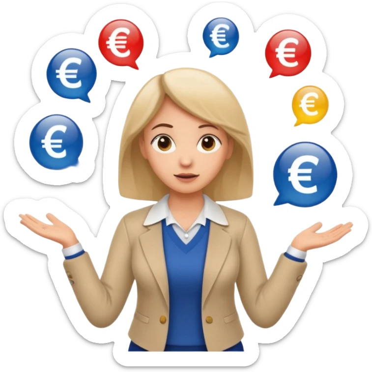 A confused female kindergardenteacher shrugging shoulders with euro symbols and documents floating around. sticker