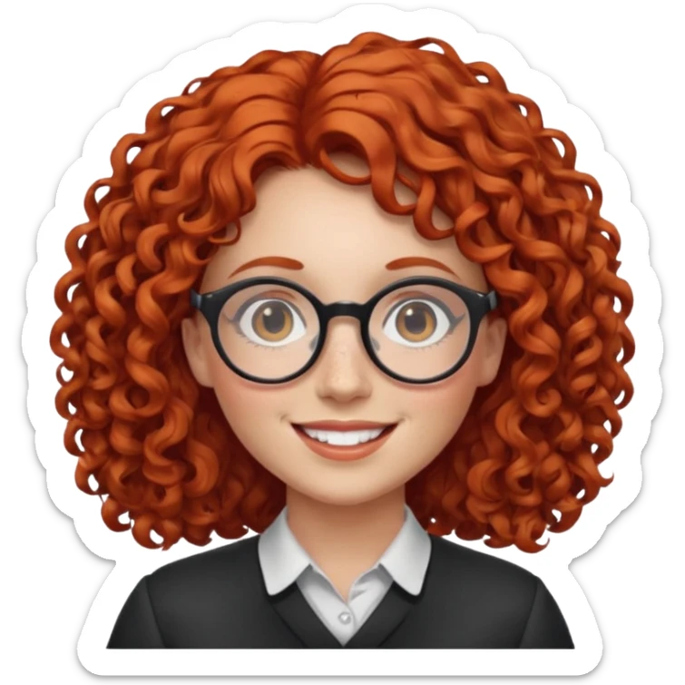 female teacher with curly red hair, round glasses, freckles, plump, cheerful sticker