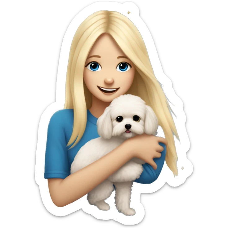 Blonde girl with long straight hair and blue eyes hugs a small  maltipoo and they are celebrating a new year  sticker