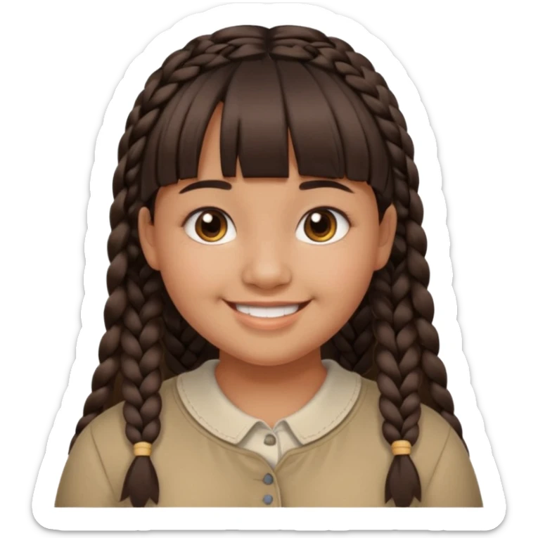 20 year old woman with tan skin, dark brown hair in low braids, blunt cut bangs, chubby face, brown eyes, smiling without teeth showing sticker