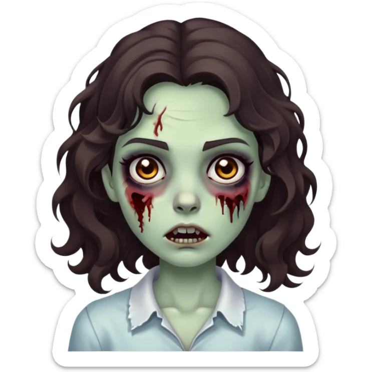 make a zombie emoji, girl with dark brown wavy hair, black eyes  sticker