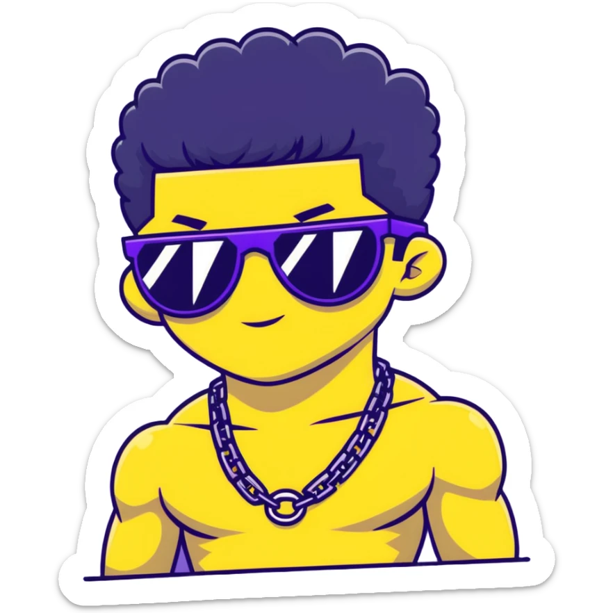 shirtless male athlete with white skin and moderately curly black hair on top with shaved sides, wearing purple sunglasses with black tinted lenses and a plain black chain necklace without pendant sticker