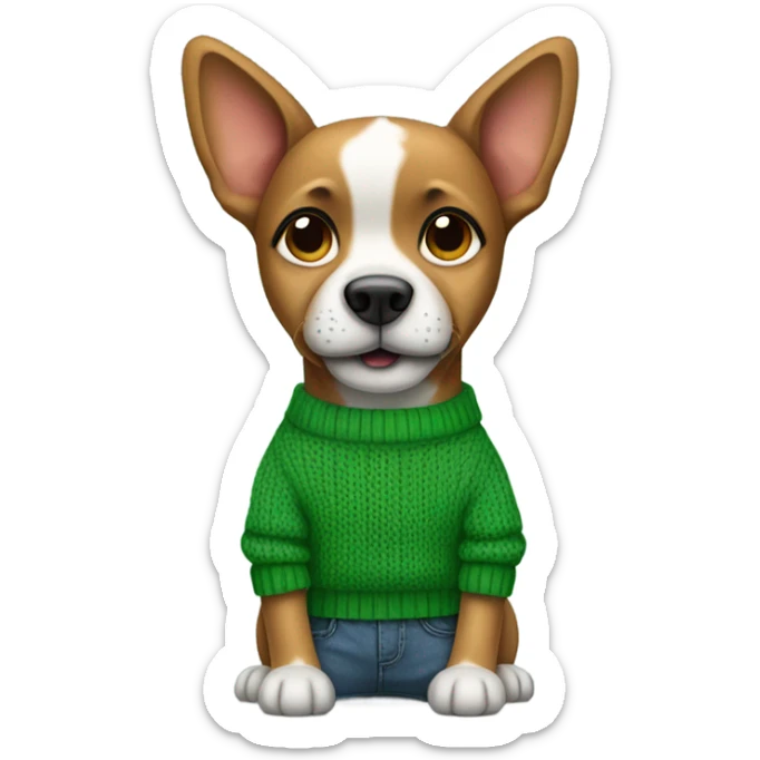 A dog wearing a green sweater with his hands in his jeans and red converse sticker
