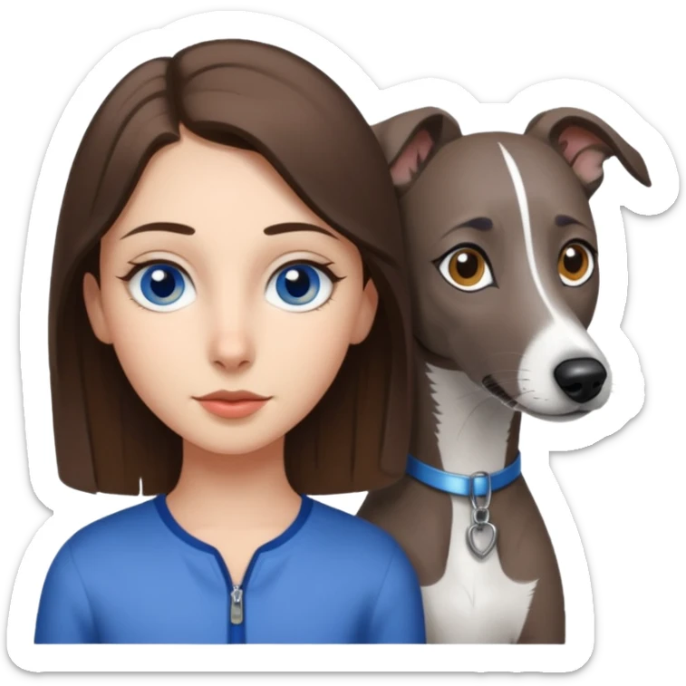 Brunette teenage hazel eyed girl beside a dark grey and white whippet with blue eyed sticker