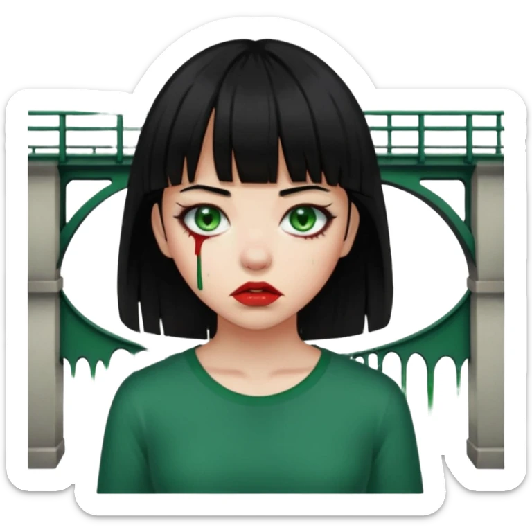 Guria com cabelo preto franjinha sangrando olhos verdes  fundo preto e um piercing bridgepiercing sticker