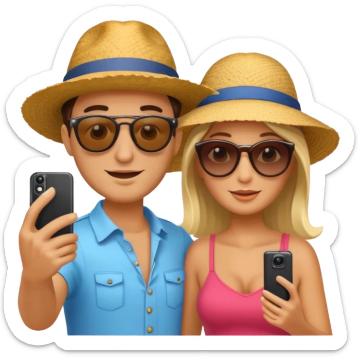 Italian tourist couple, one with sunhat, one with sunglasses, taking a selfie sticker