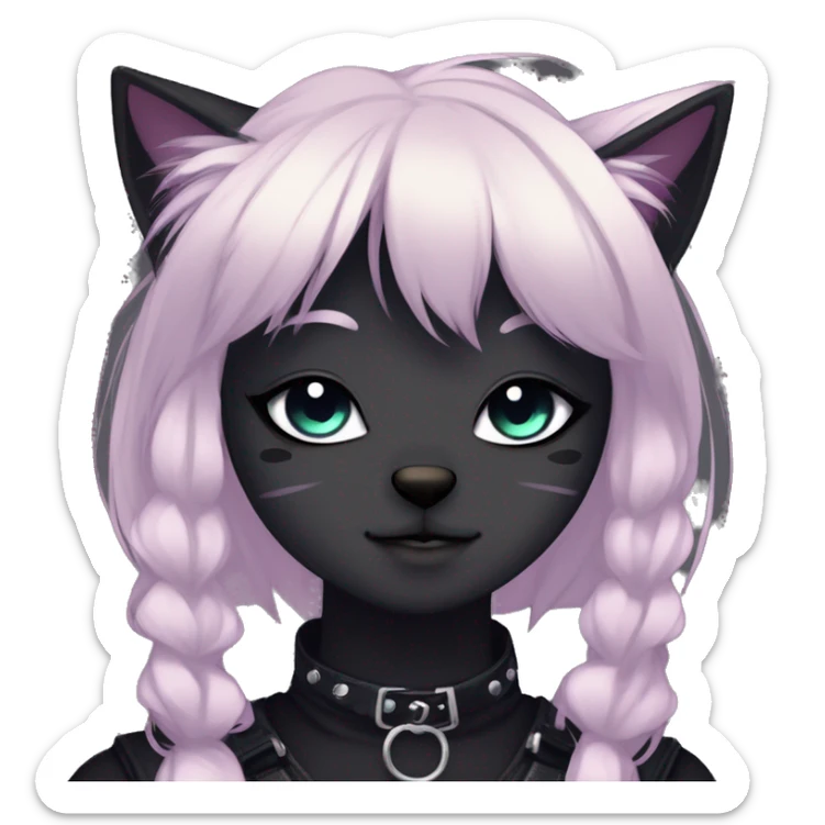 Gorgeous furry gothic dark techwear anime style anthro black cat furry sona with blushing face aesthetic and pretty edgy black with collar and harness trending style sticker
