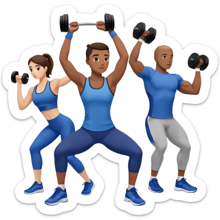 Group at gym, trainers in blue shirts, others in varied gymwear, lifting weights and stretching – strong and focused vibe sticker