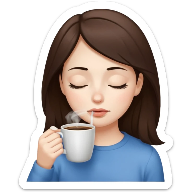 Brunette is a cold girl with white skin and sniffting the coffee in her hand woth her eyes closed sticker