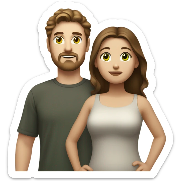 white guy with brown hair and goatee beard next to a chubby brown haired girl both have green eyes sticker
