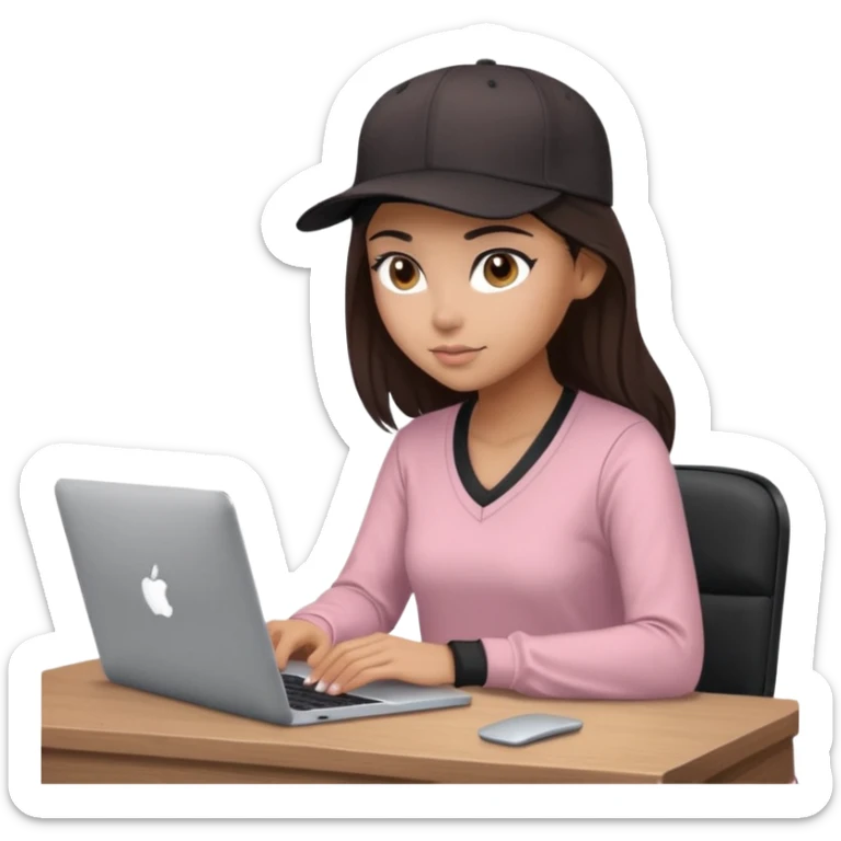 A professional 3D avatar of a young woman with olive skin and long, dark brown hair, wearing a dark, long-sleeved V-neck dusty pink shirt and a black baseball cap. She's sitting at a sleek wooden desk, typing and looking at a silver MacBook.  sticker