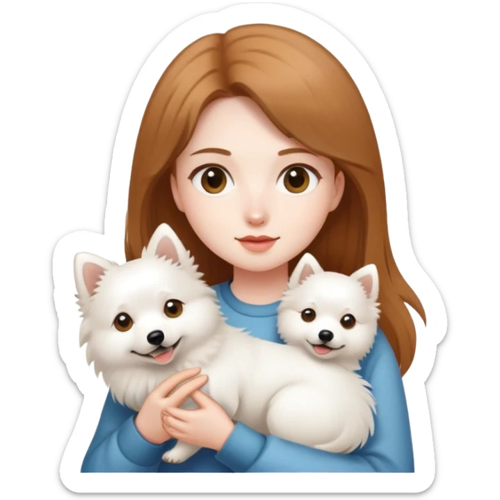 light brown hair girl with pale skin holding a Japanese spitz dog sticker