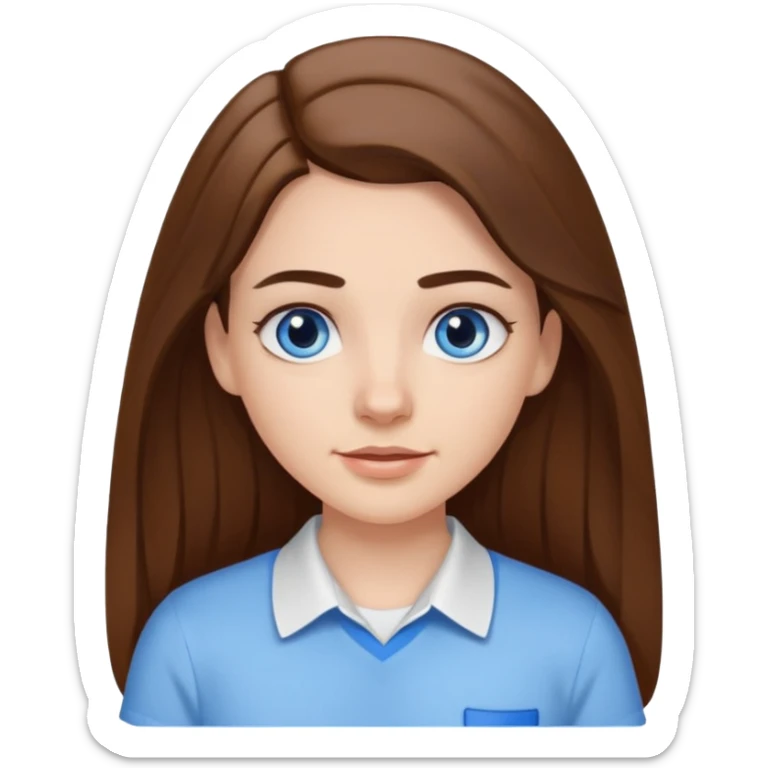 A pretty white girl with long brown hair dark eyebrows and braces and blue eyes wearing a white shirt sticker