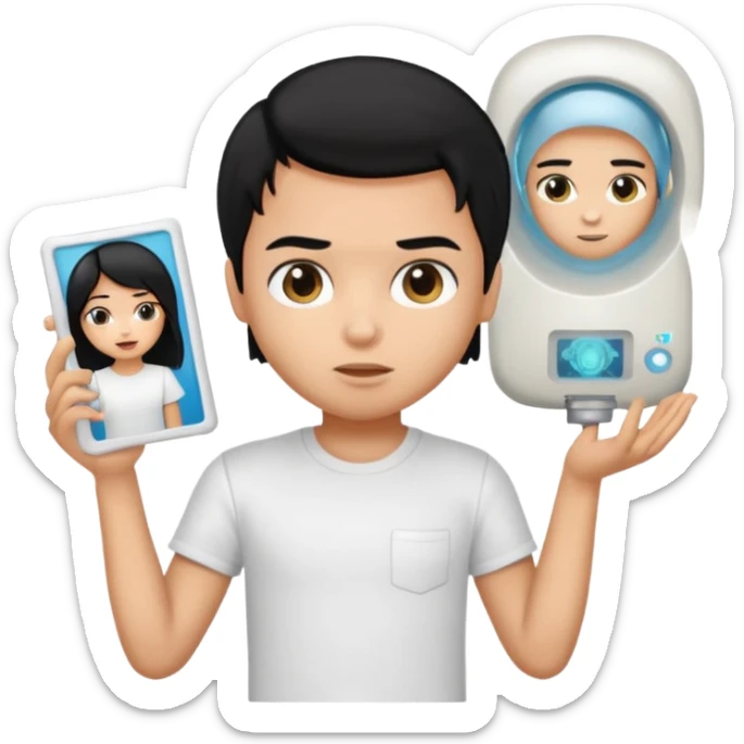 generate a pretty bratz emoji of a boy with black hair wearing a white tshirt and holding a cT sticker