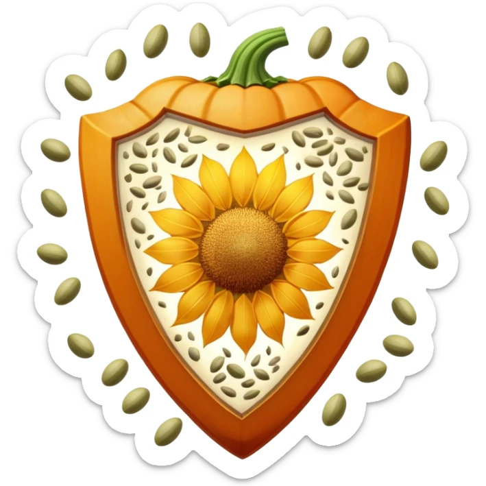 Floating seeds (pumpkin, sunflower, sesame) and a glowing cut of lean meat positioned on a bright shield of light. The shield emits protective rays while the seeds and meat shine with nutritional essence, creating a healing and protective visual. sticker